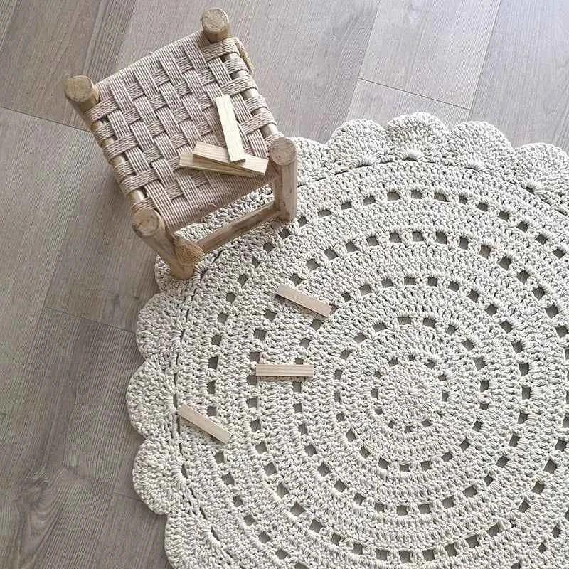 Children's Round Crochet Rug 120cm Ecru