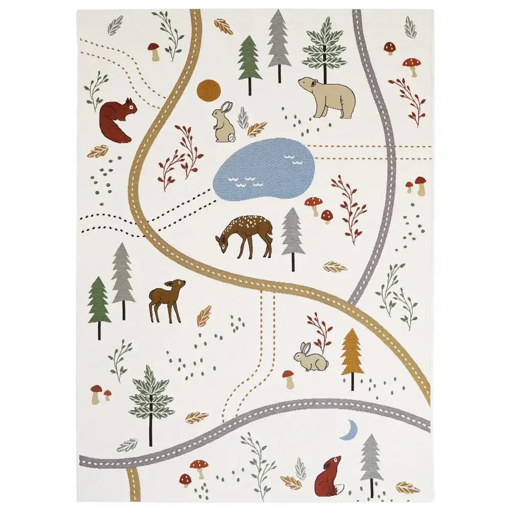 Children's rug with indoor and outdoor forest design
