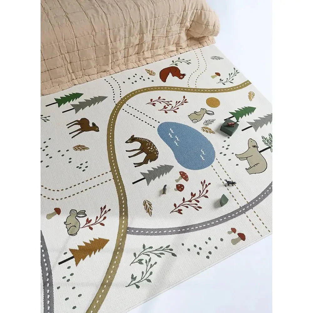 Children's rug with indoor and outdoor forest design