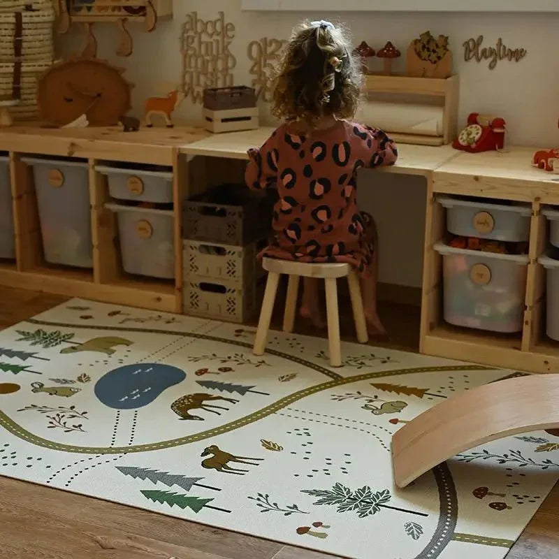 Children's rug with indoor and outdoor forest design
