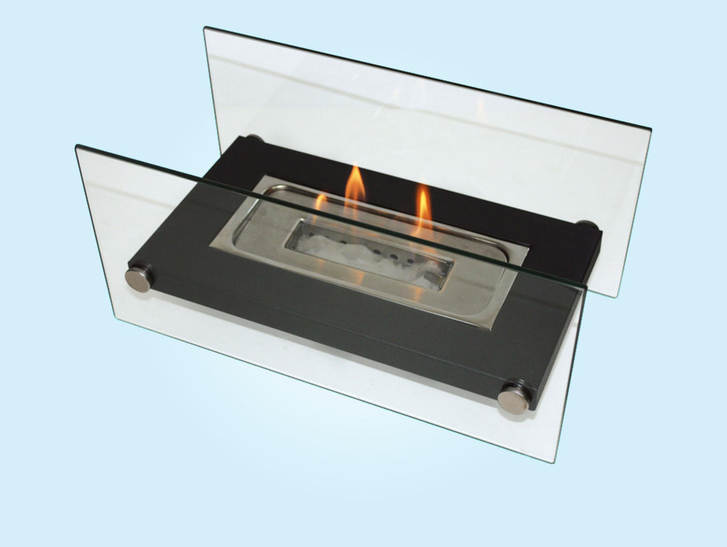 Lareira de mesa a etanol de 1000 W em metal e vidro temperado.