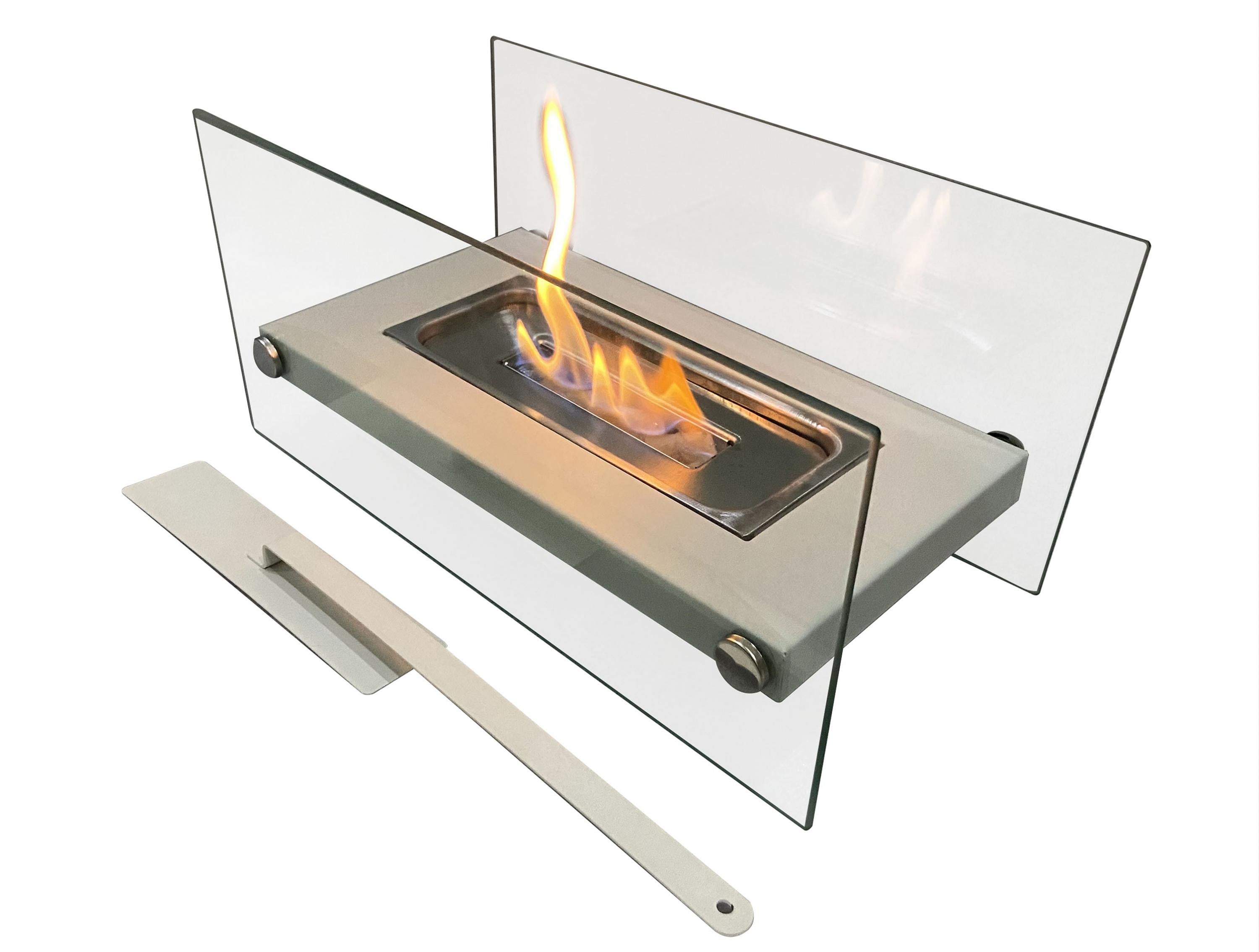 Tabletop ethanol fireplace in white metal
