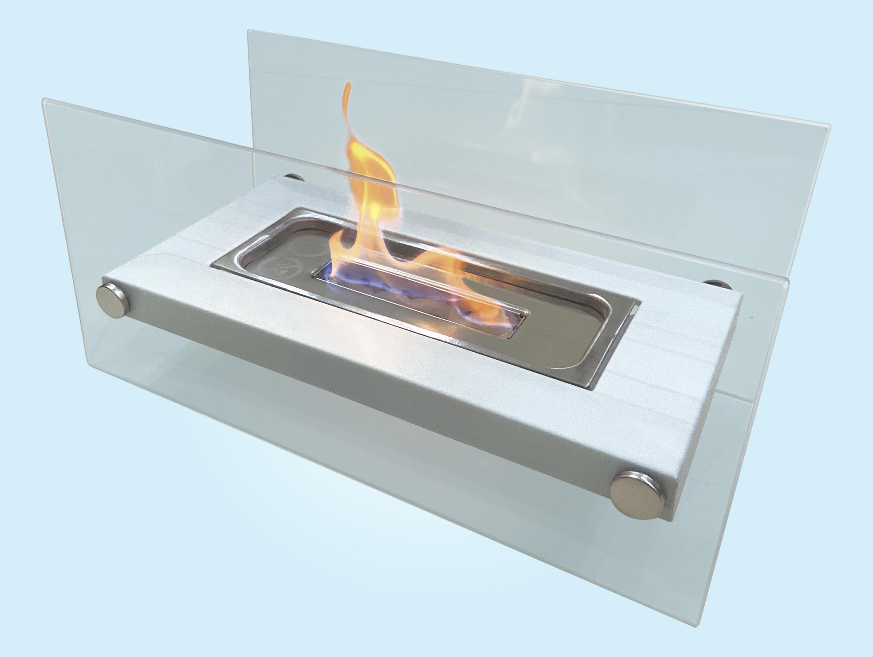 Tabletop ethanol fireplace in white metal