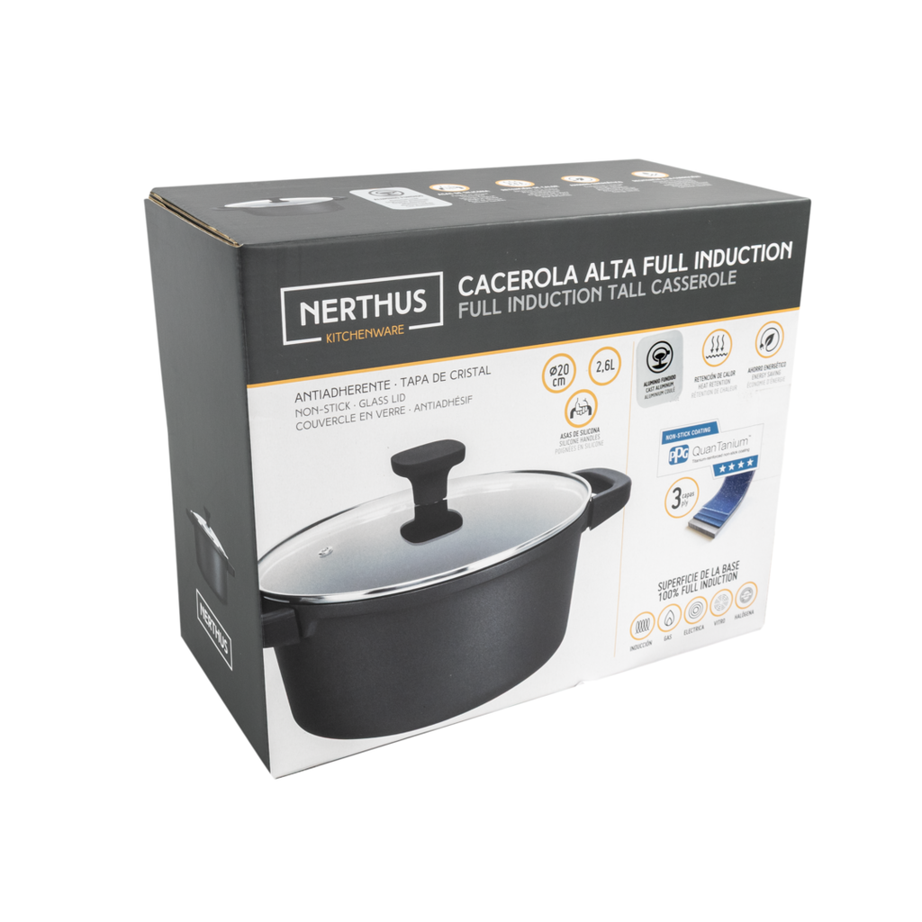Cacerola Alta Con Tapa de Cristal – Antiadherente Quantanium de PPG Reforzada Con Titanio