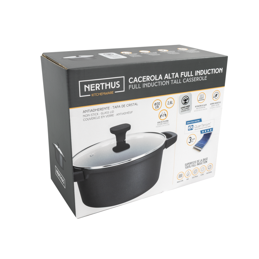 Cacerola Alta Con Tapa de Cristal – Antiadherente Quantanium de PPG Reforzada Con Titanio