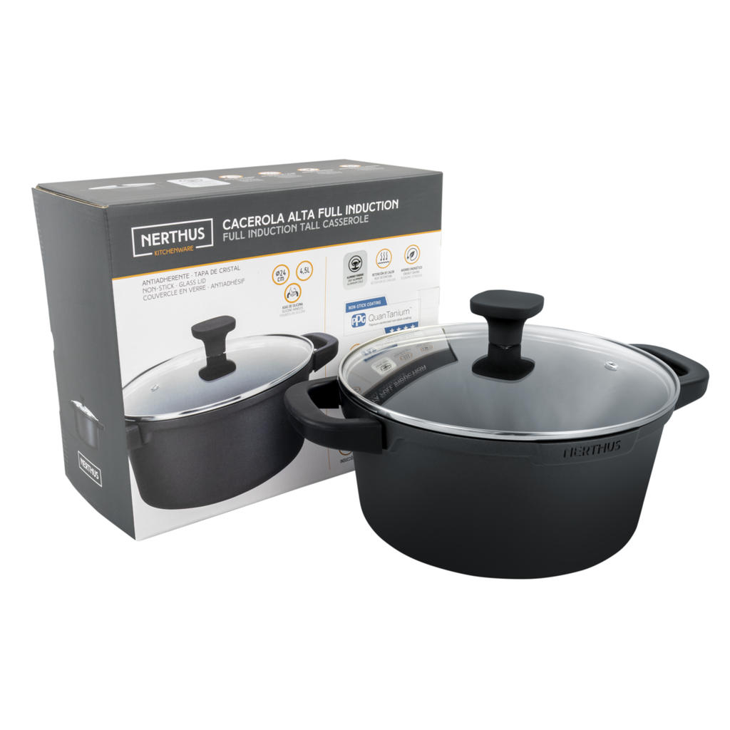 Cacerola Alta Con Tapa de Cristal – Antiadherente Quantanium de PPG Reforzada Con Titanio