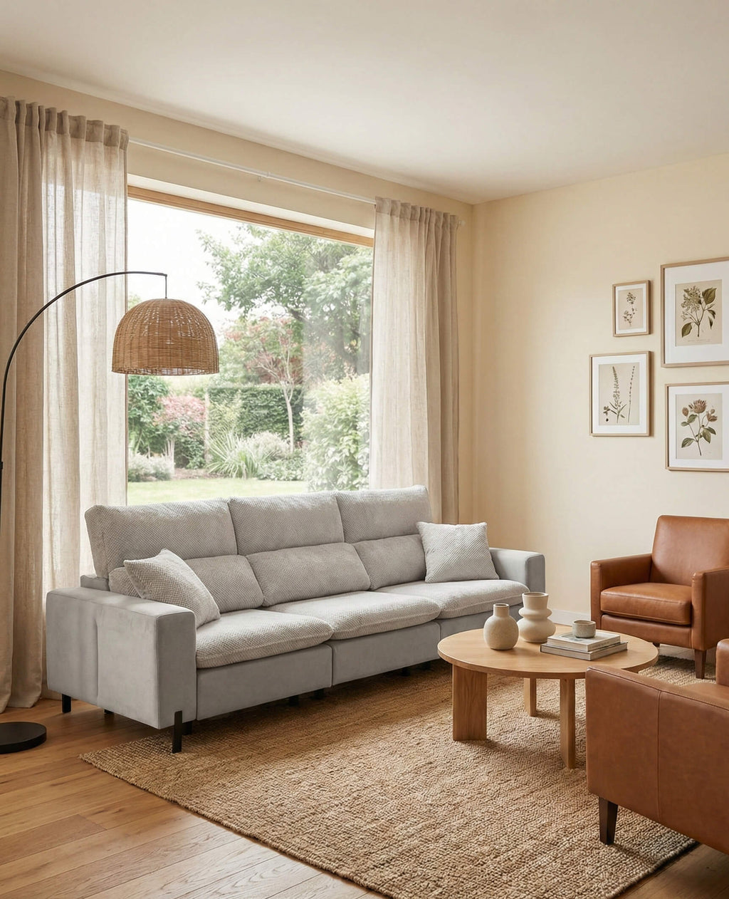 Sofá de tres plazas gris bicolor con texturas suaves