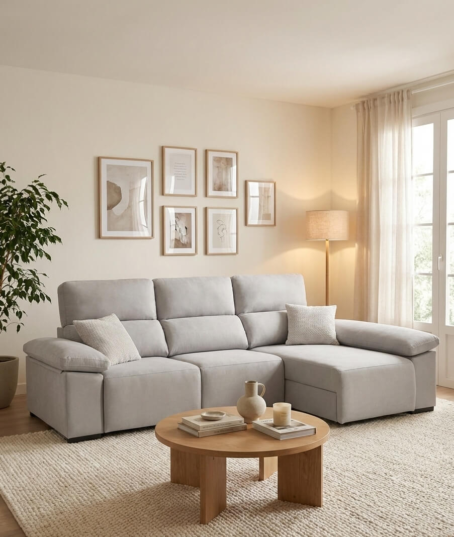 Sofá chaise longue cinzento de 3 lugares com design envolvente para sala de estar