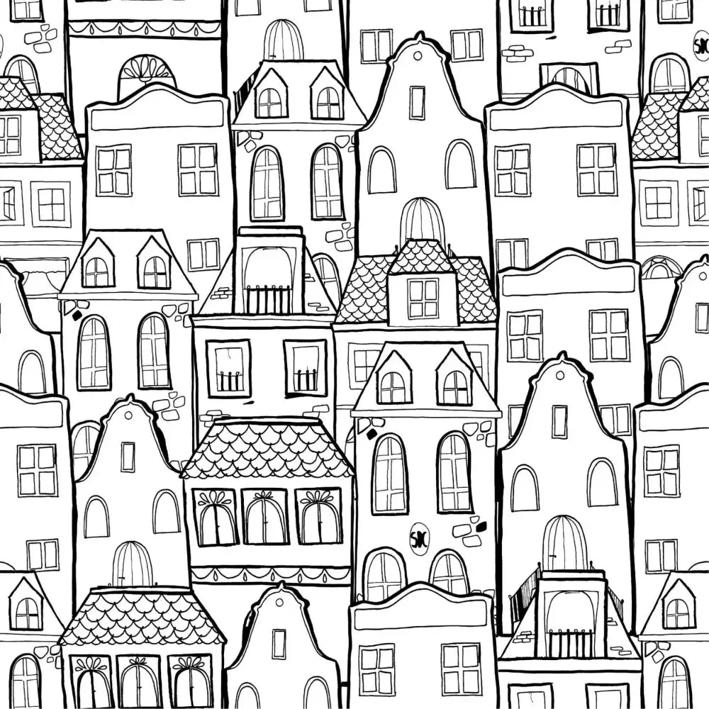 Papel pintado infantil con animales y casas | negro