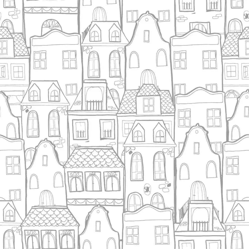 Wallpaper with houses | for children in white and gray