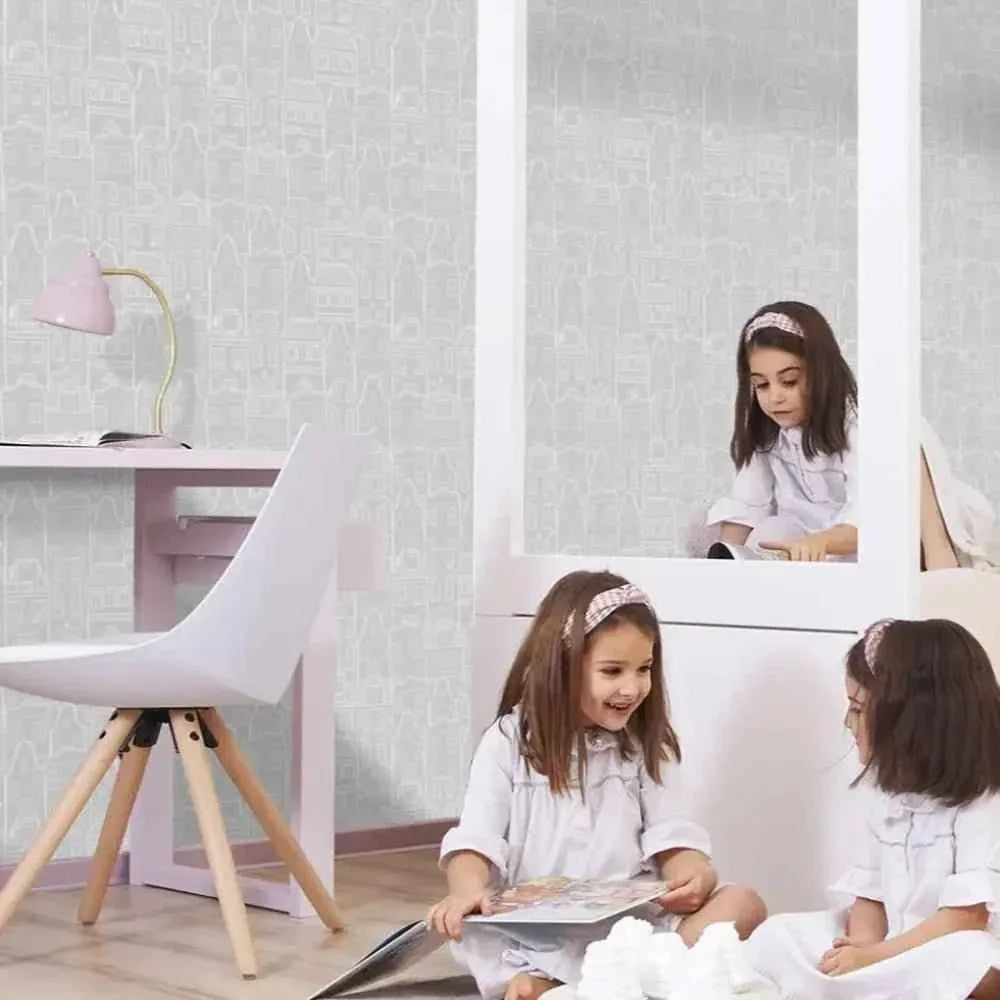 Papel pintado con casas | para niños en blanco y gris