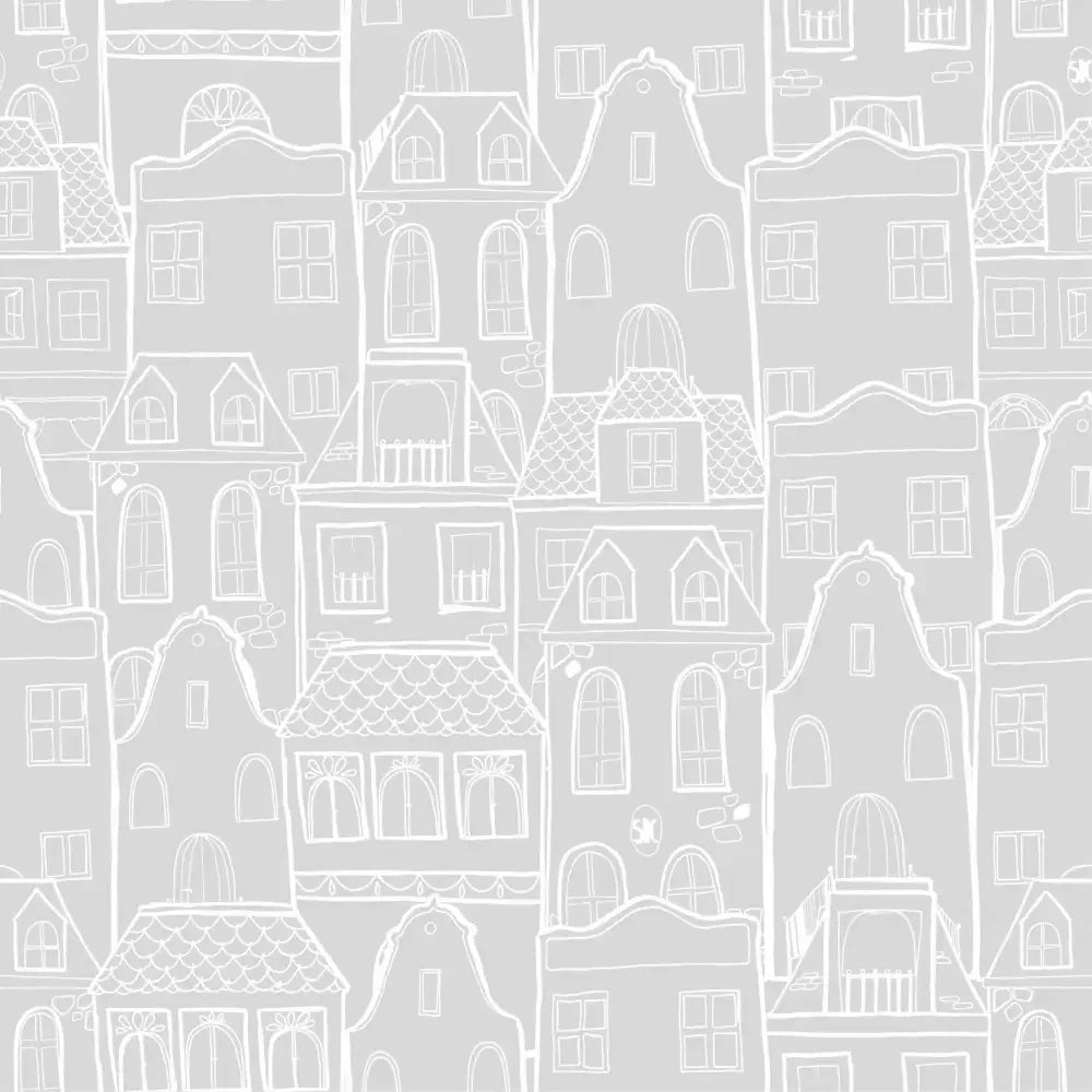 Children's wallpaper with houses and characters | gray