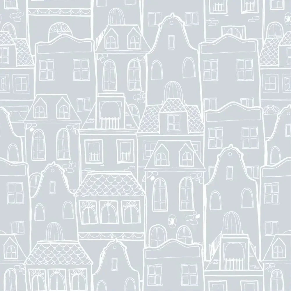 Papel pintado infantil casas y animales | azul empolvado