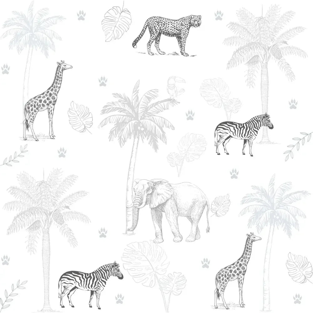 Papel pintado jungla con animales | gris negro infantil
