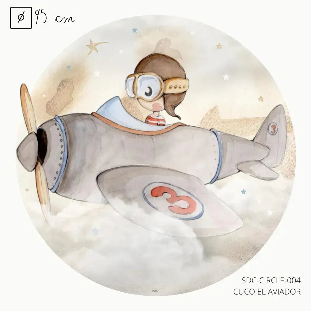 Vinilo infantil redondo de 95 cm | Cuco el Aviador