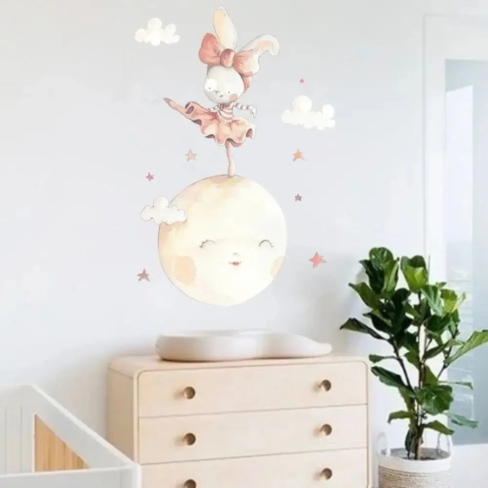 Vinilo tela infantil bailando en la luna | Decorativo