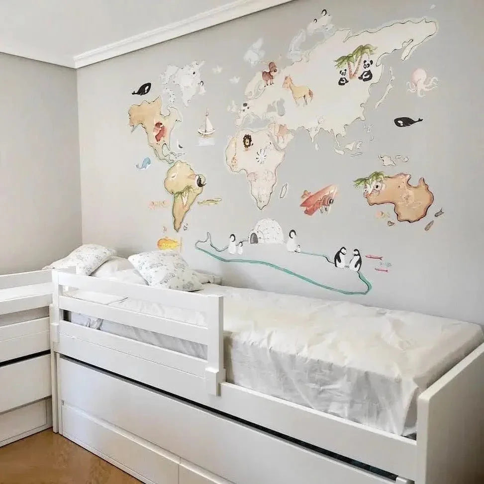 Vinilo decorativo infantil mapamundi animals | XL 220x120cm