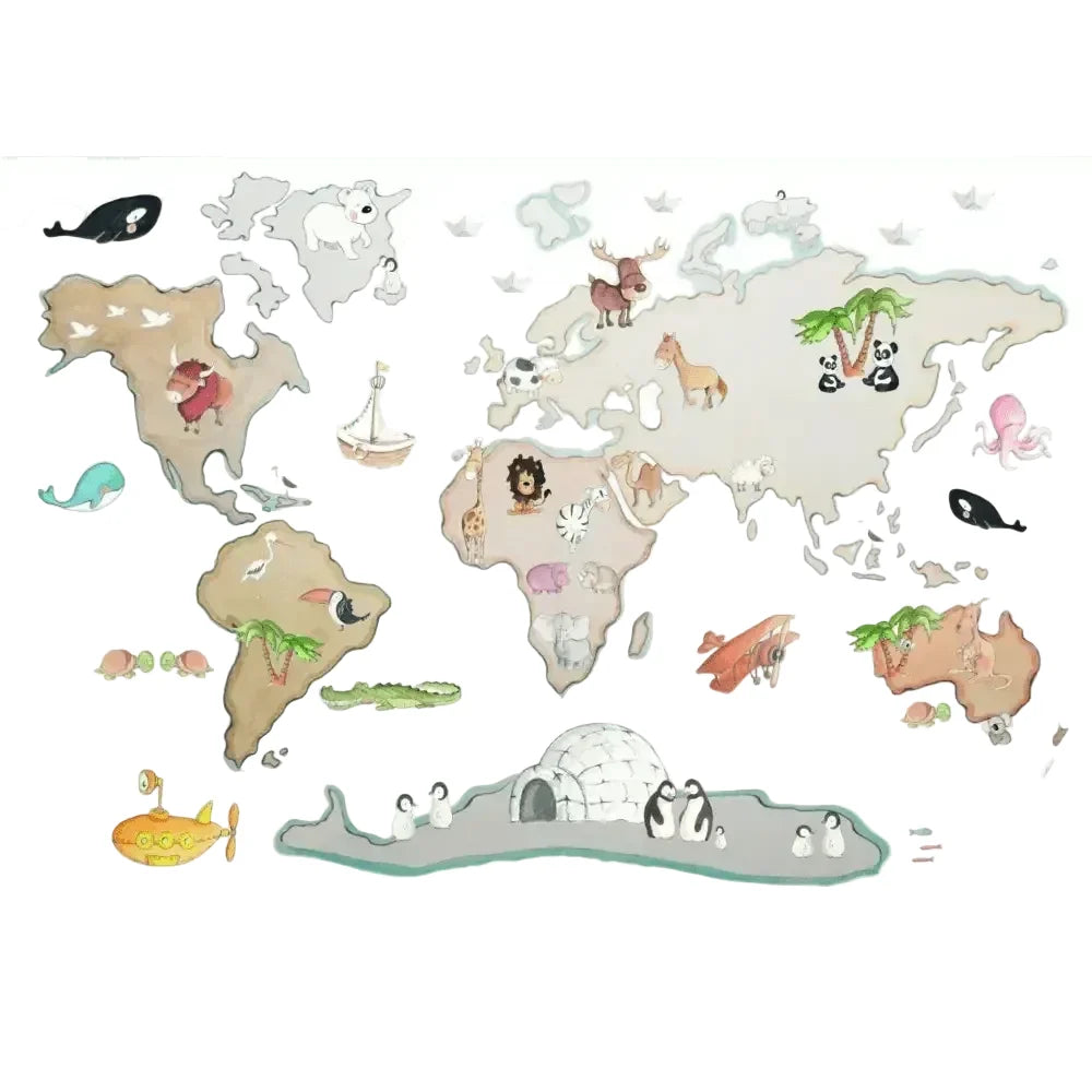 Mapa-mundo infantil tamanho XL em vinil com animais | 220x120cm