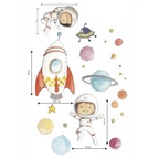Vinil decorativo infantil com planetas e astronautas.