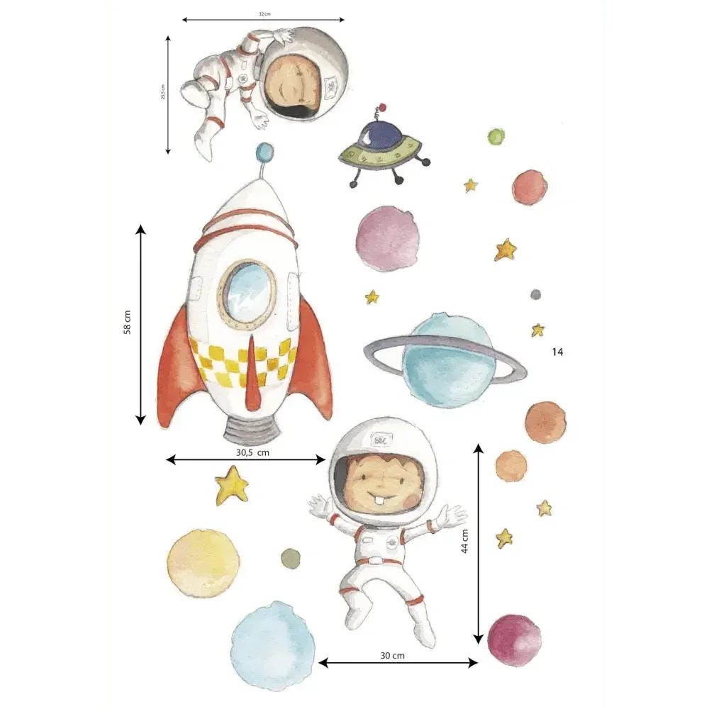 Vinil decorativo infantil com planetas e astronautas.