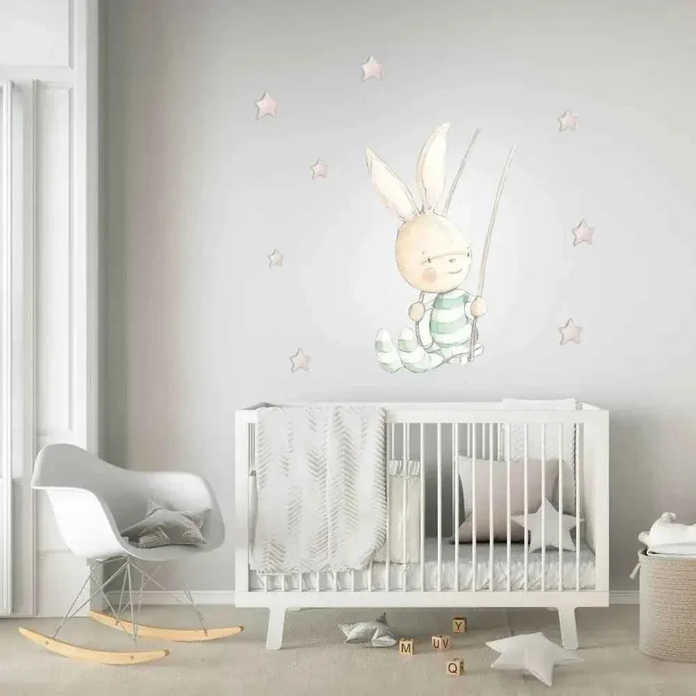 Vinil decorativo infantil com coelho a abanar, pintado à mão