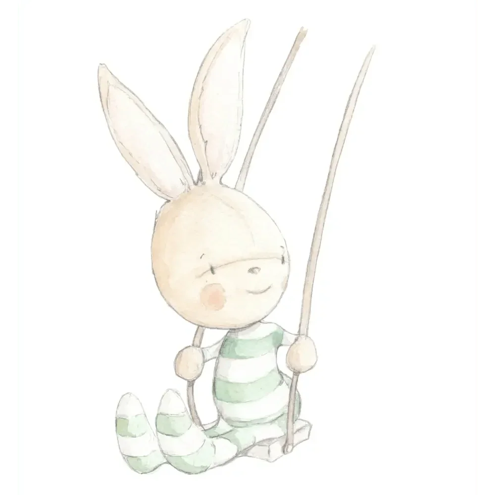 Vinil decorativo infantil com coelho a abanar, pintado à mão