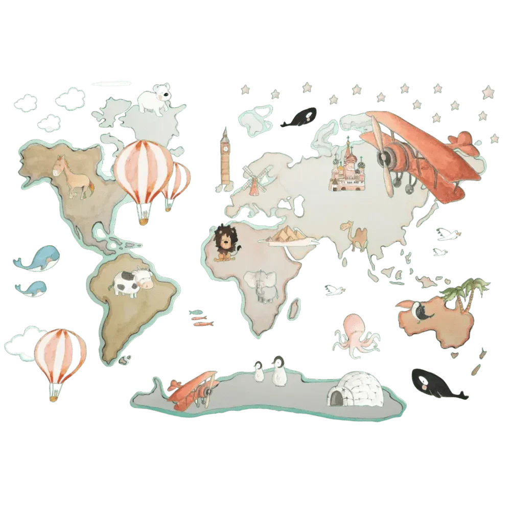 Mapa-mundo decorativo infantil em vinil, tamanho XL, com balões, 220x180cm