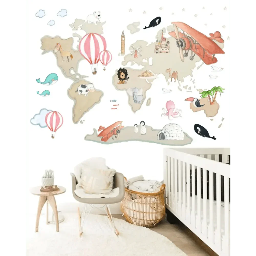 Mapa-mundo decorativo infantil em vinil, tamanho XL, com balões, 220x180cm