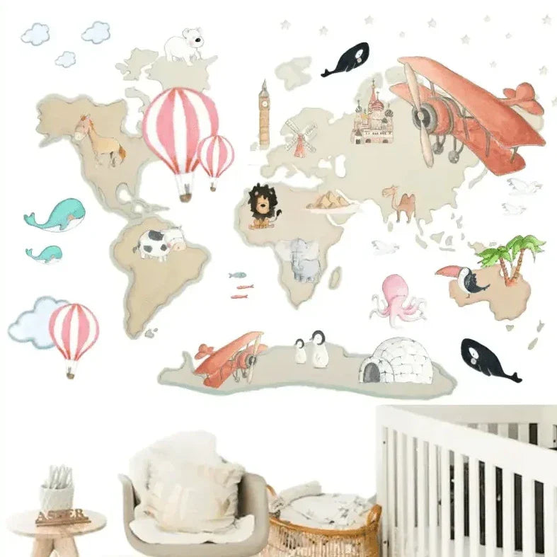 Children's decorative vinyl world map XL with balloons 220x180cm