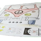 Children's decorative vinyl with a red van design, 95x95cm