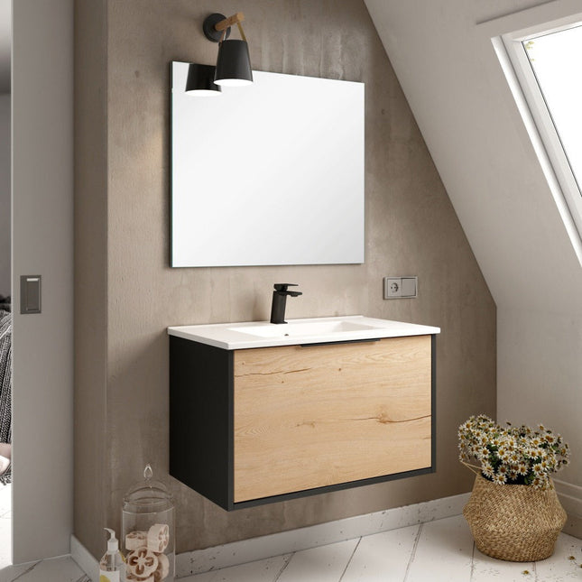 Conjunto mueble de baño completo 80 cm negro con cajón | 3_BP