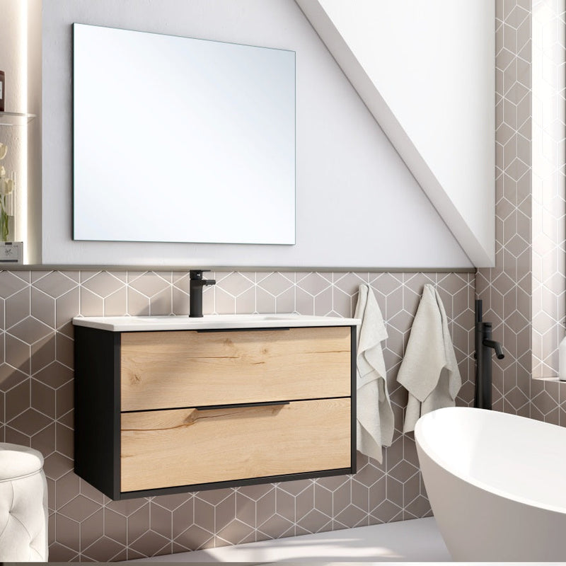 Conjunto mueble de baño completo 80 cm negro con tiradores | 3_BP